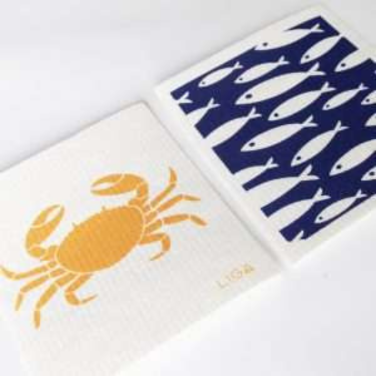 crab and fish tea towel